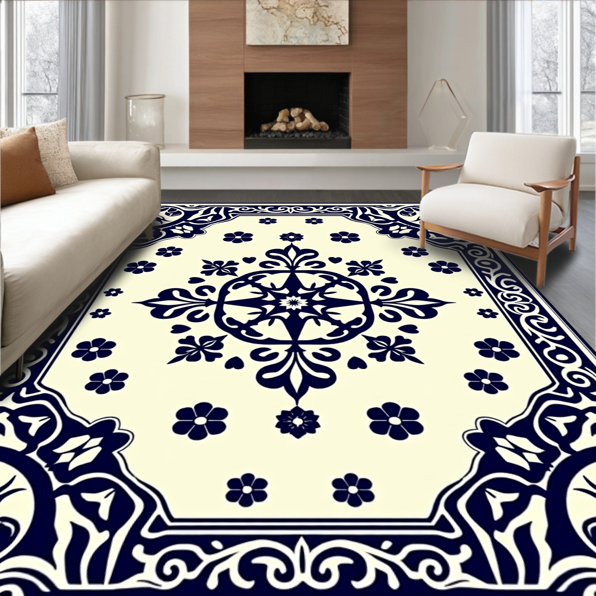 Navy Floral Medallion Cream Border Rug