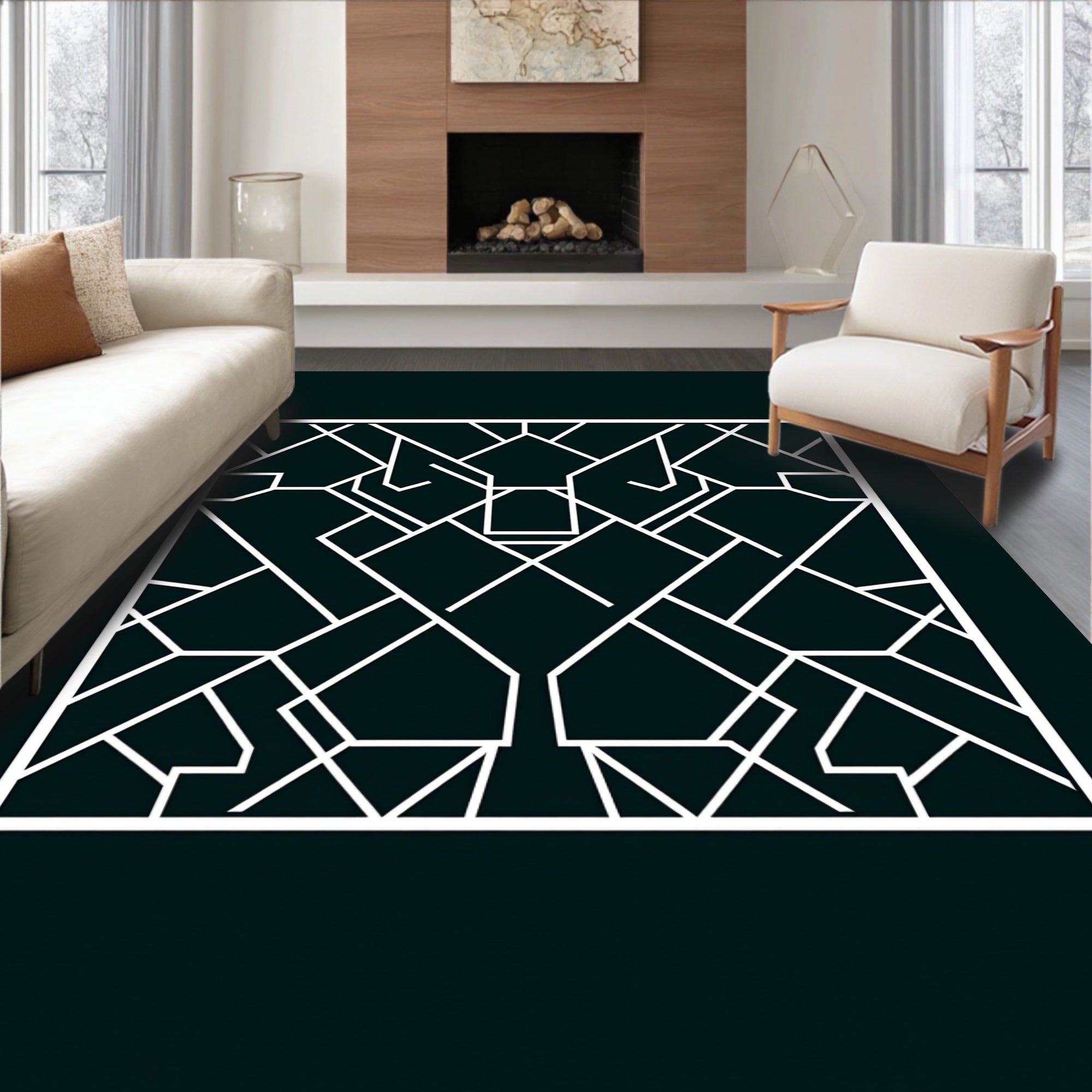 Geometric White Inlay Framing Dark Rug
