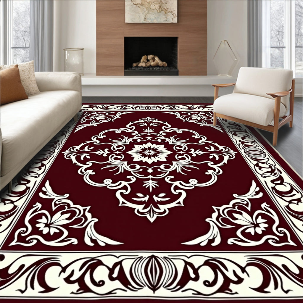 Crimson and Cream Floral Medallion Rug