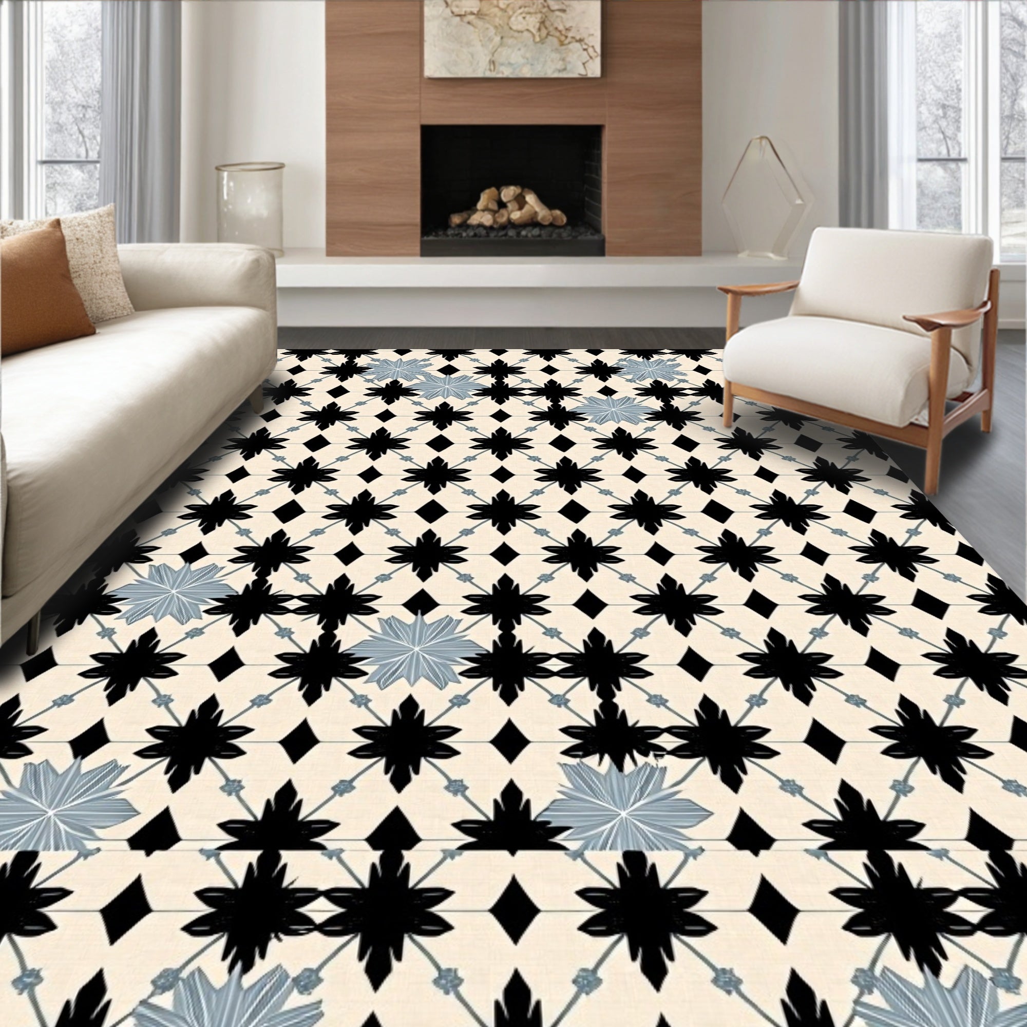 Black Geometric Starlight Cream Rug