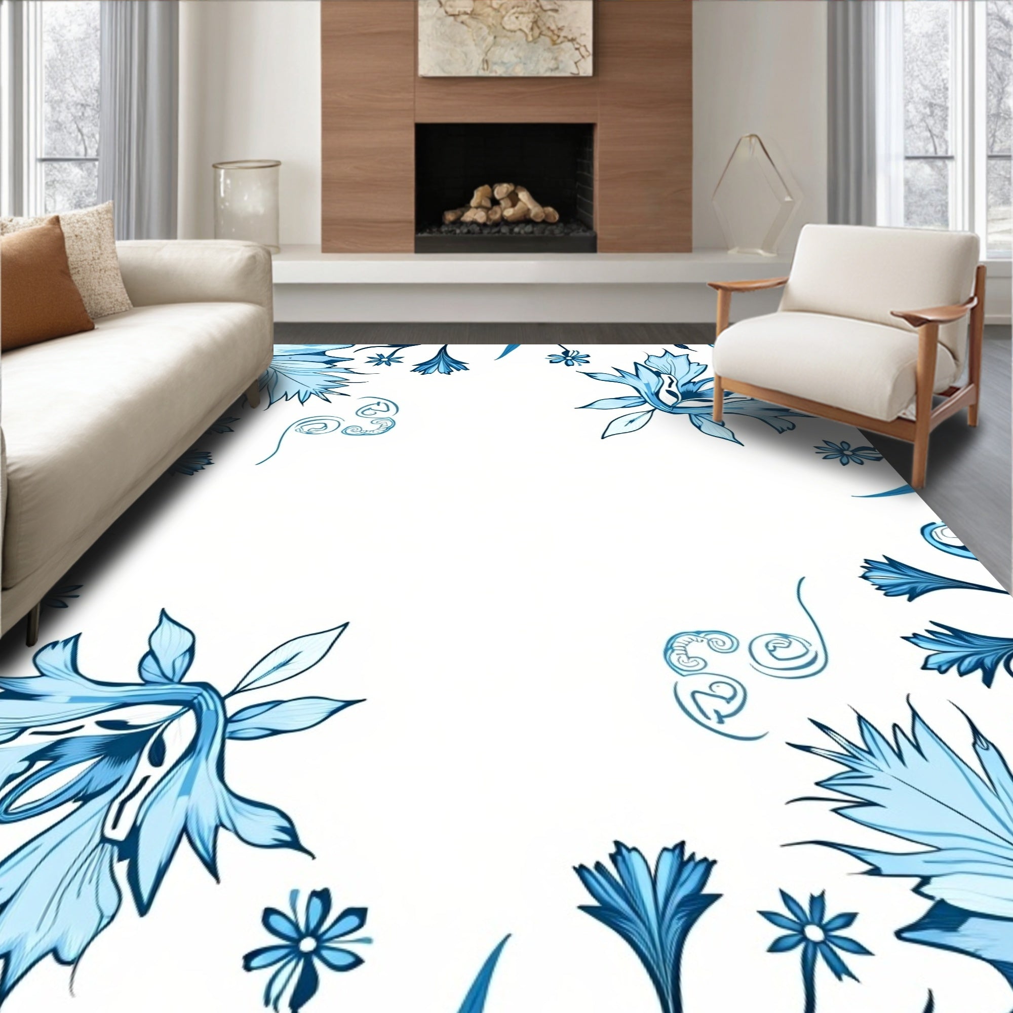 Lush Blue Floral Branches Accent Rug