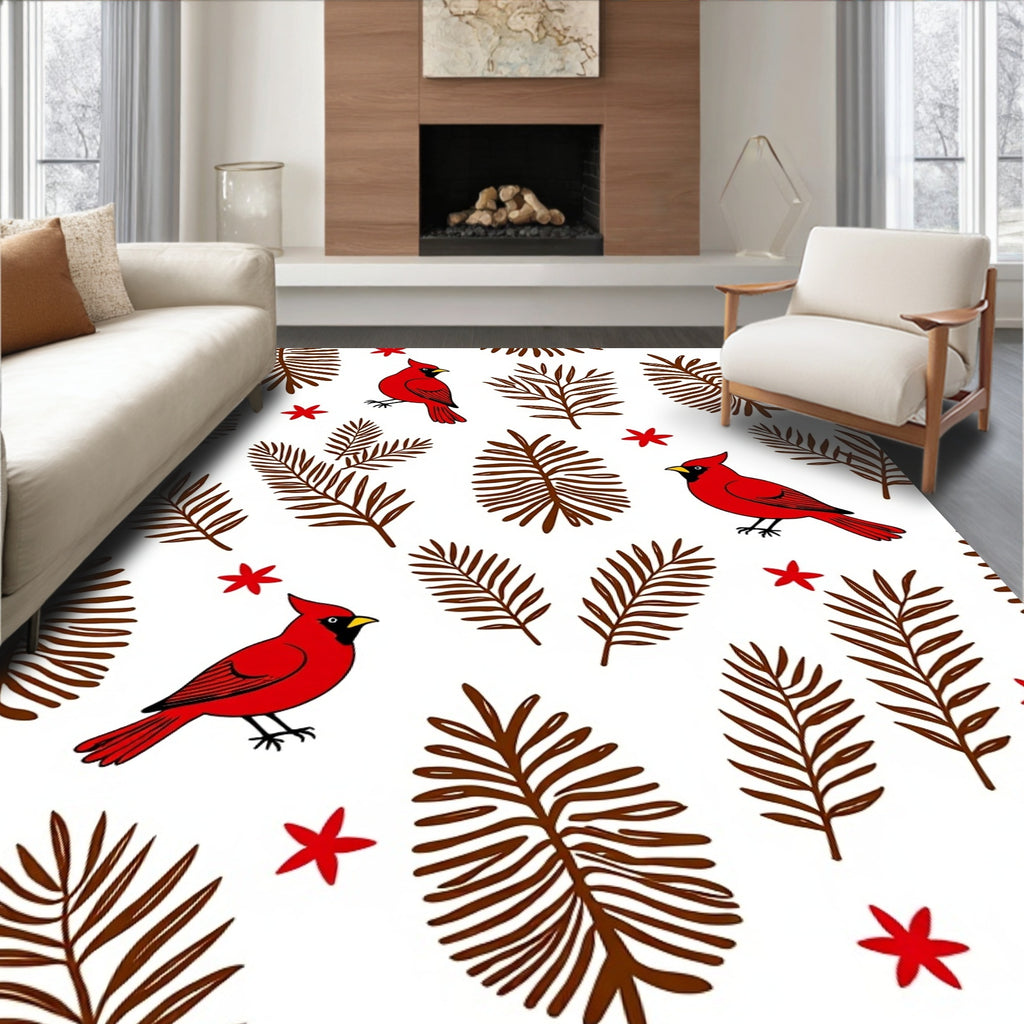 Red Cardinal Botanical Winter Faux Fur Rug