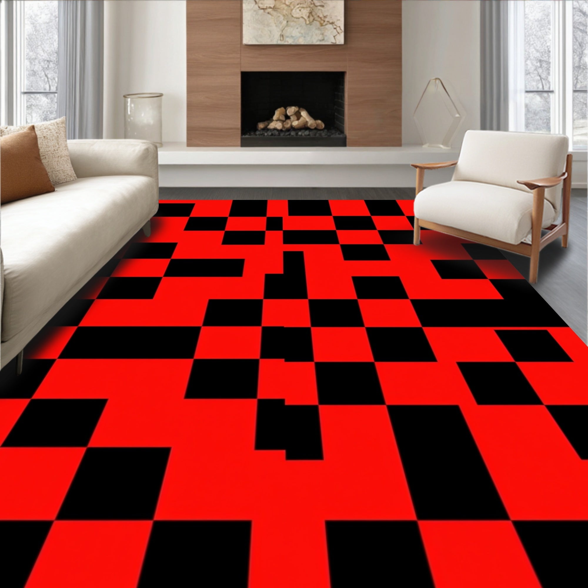 Crimson Black Checkerboard Fragment Rug