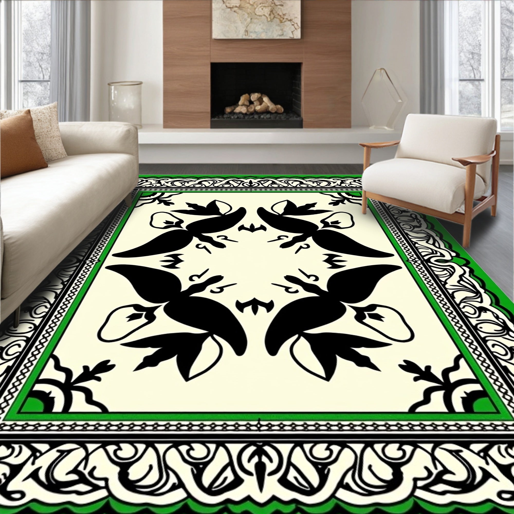 Black Green Ivory Floral Scroll Rug