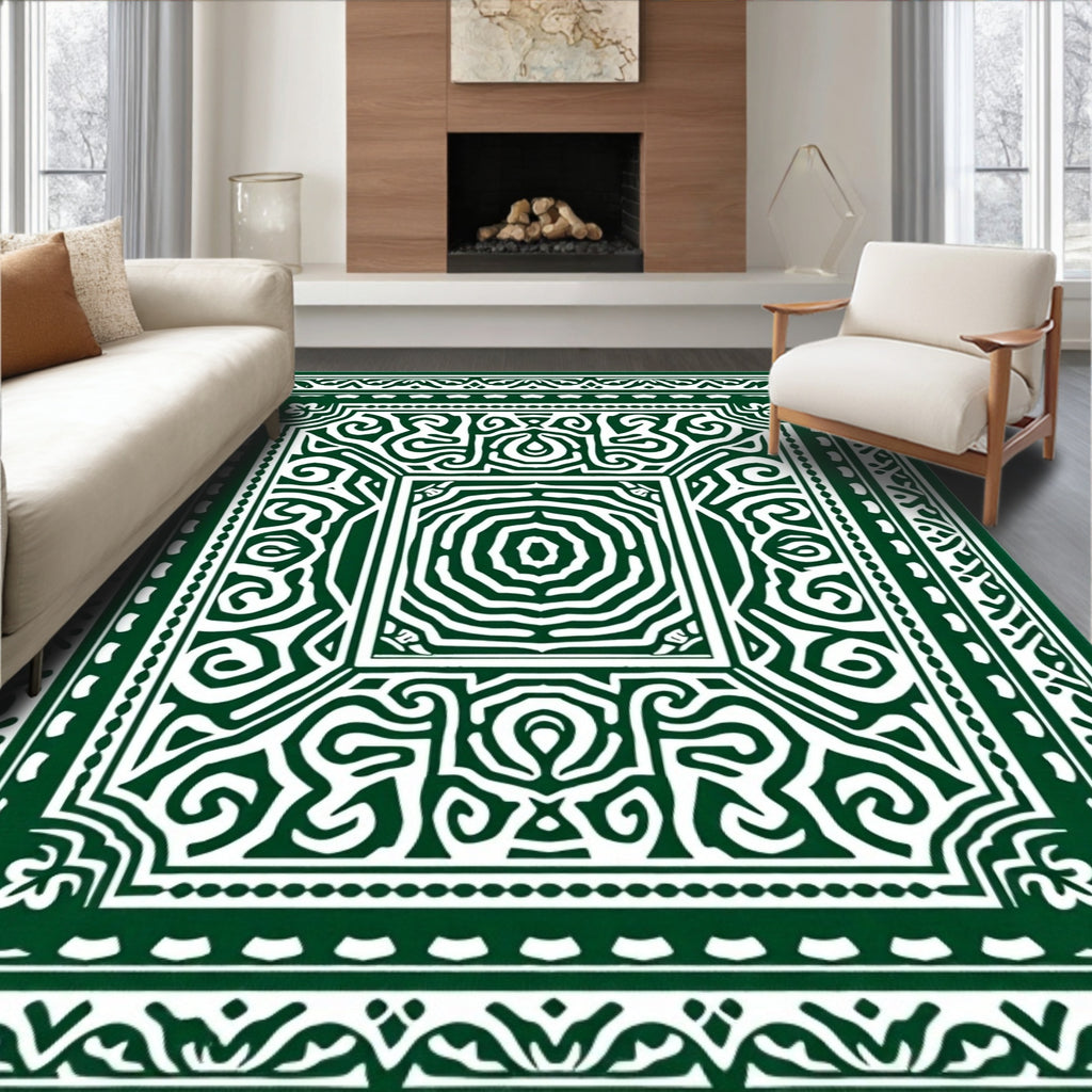 Deep Emerald Intricate Mandala Border Rug