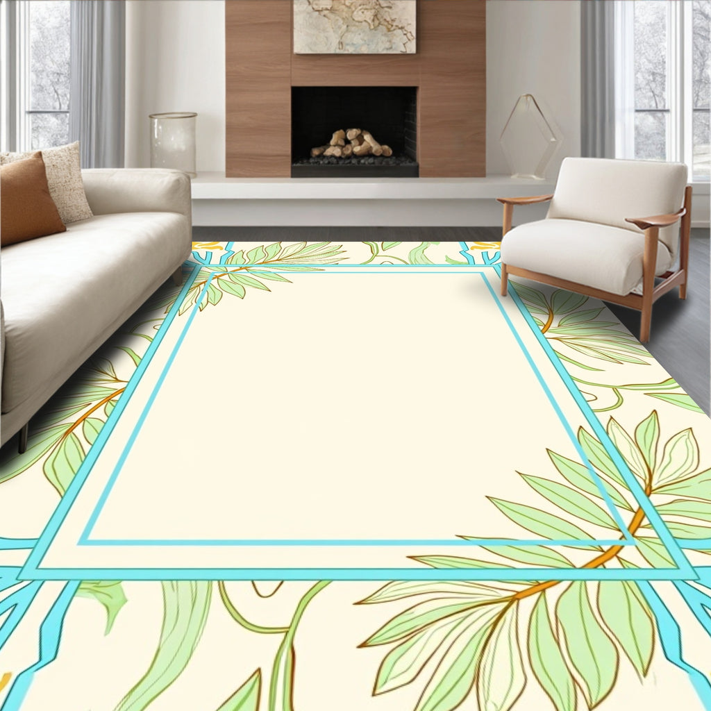 Pale Blue Floral Branch Border Rug