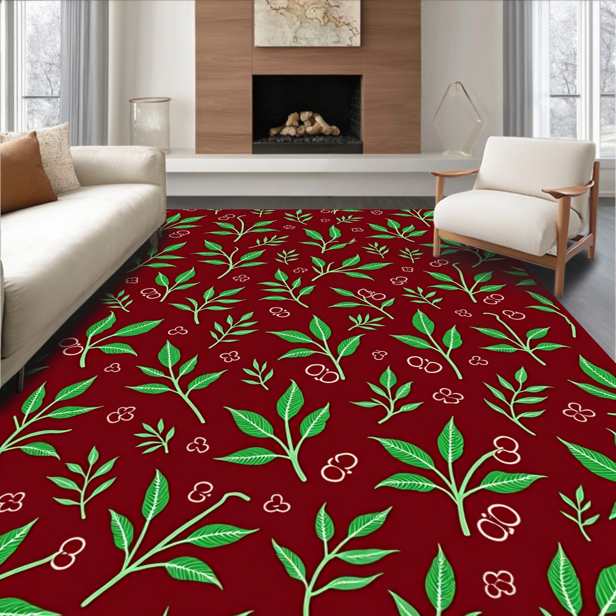 Crimson Greenery Leaf Cluster Rug