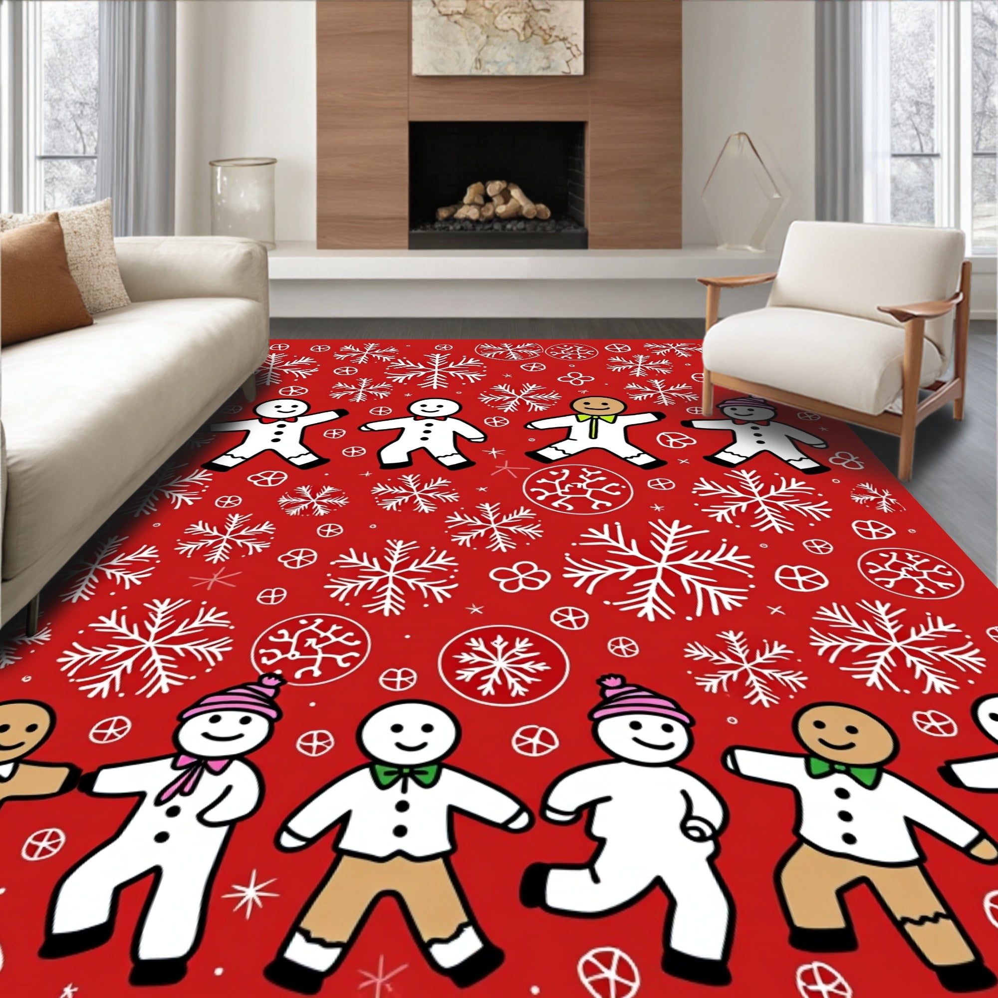 Christmas Gingerbread Snowflakes Red Background Rug