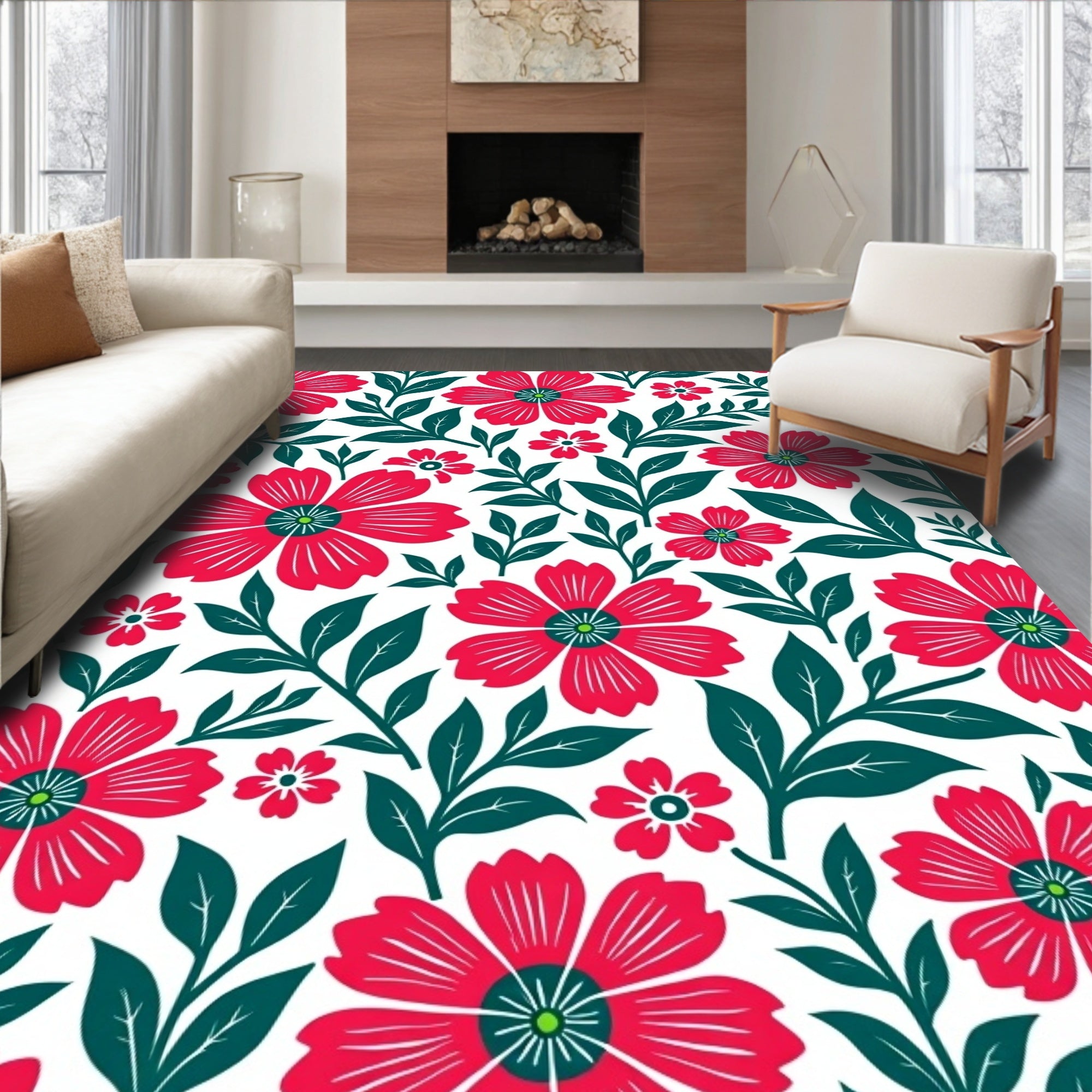 Crimson Floral Foliage Botanical Rug