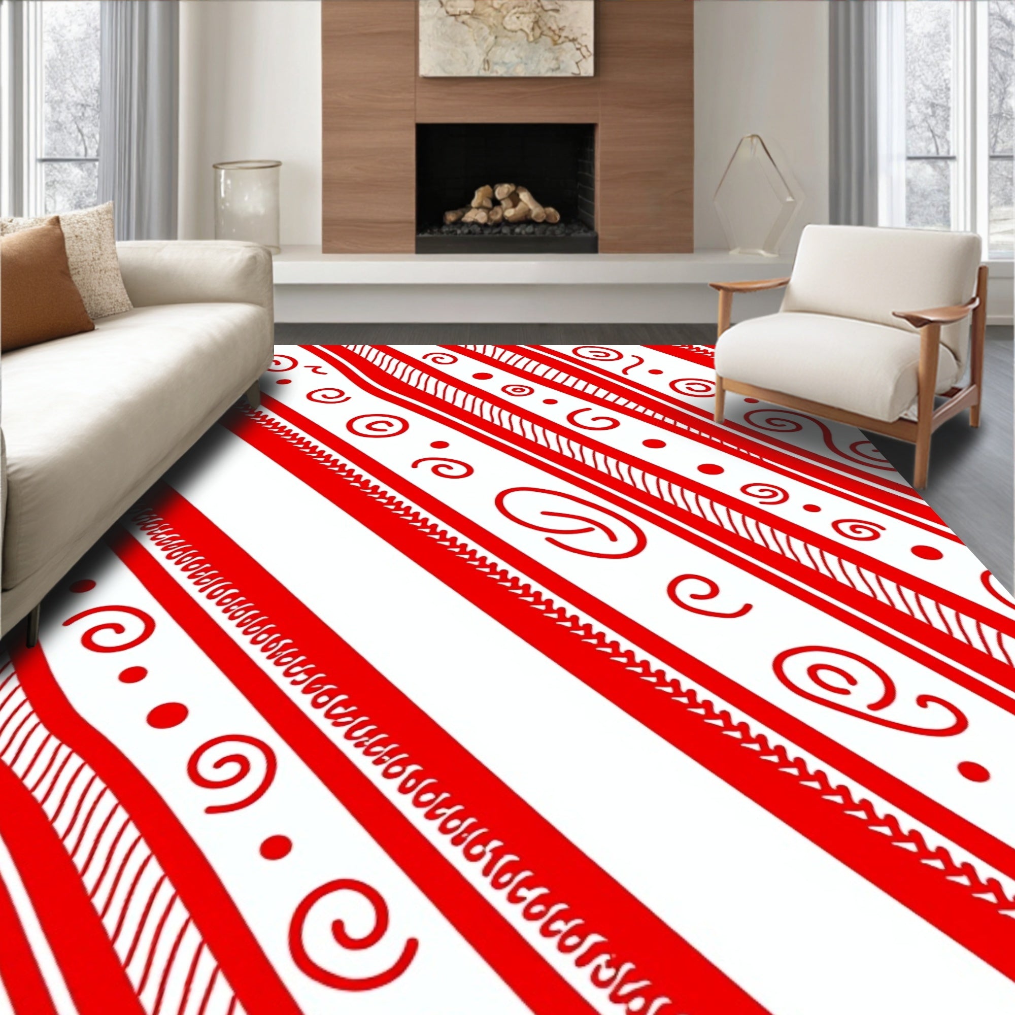 Bold Red Swirl Diagonal Stripes Rug