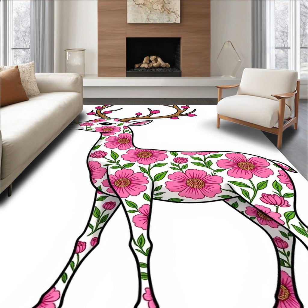 Pink Floral Reindeer White Rug