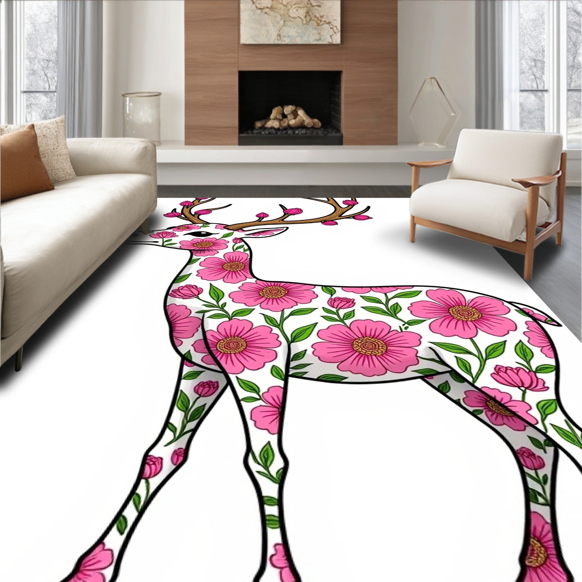 Pink Floral Reindeer White Rug