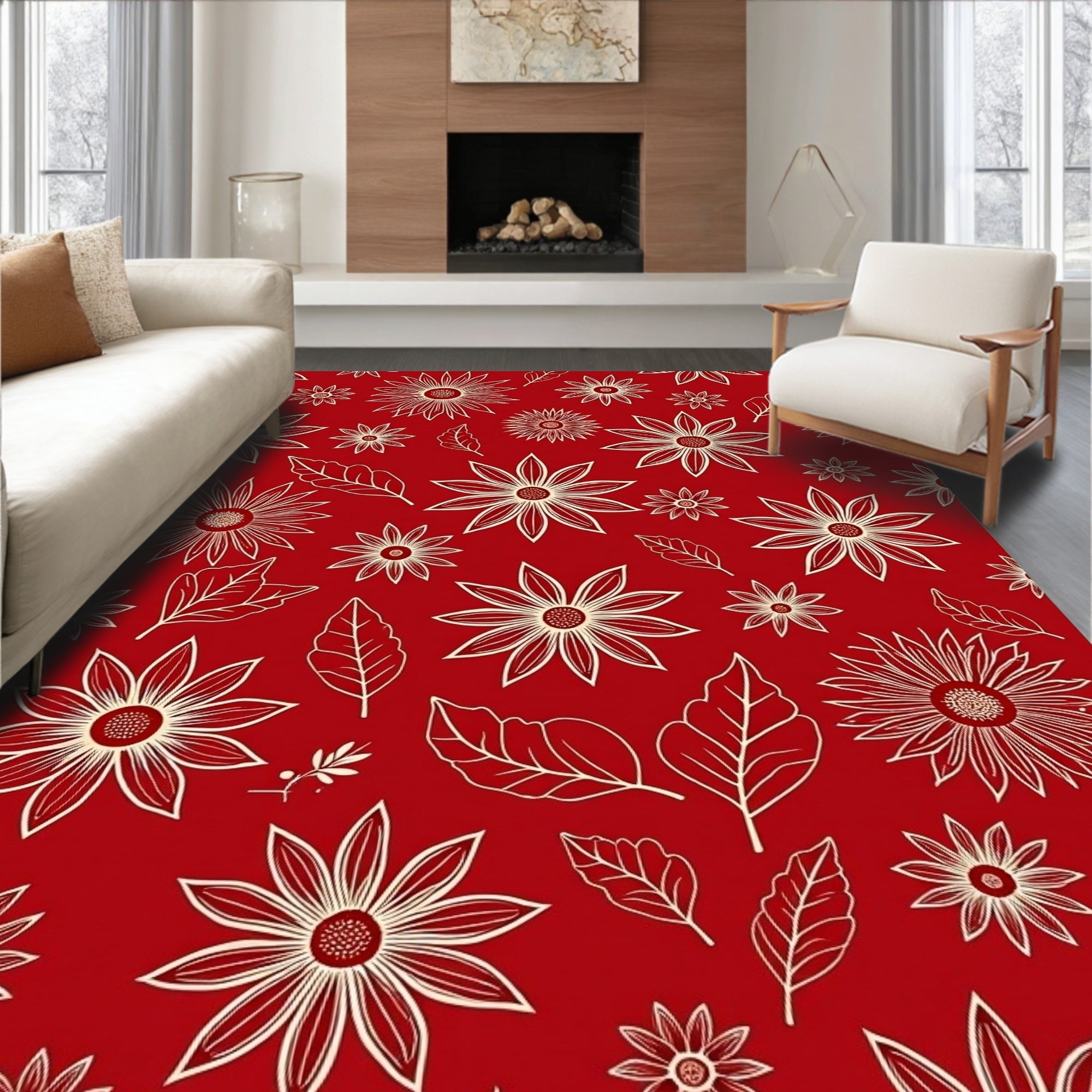 Lush Red Golden Floral Garden Rug