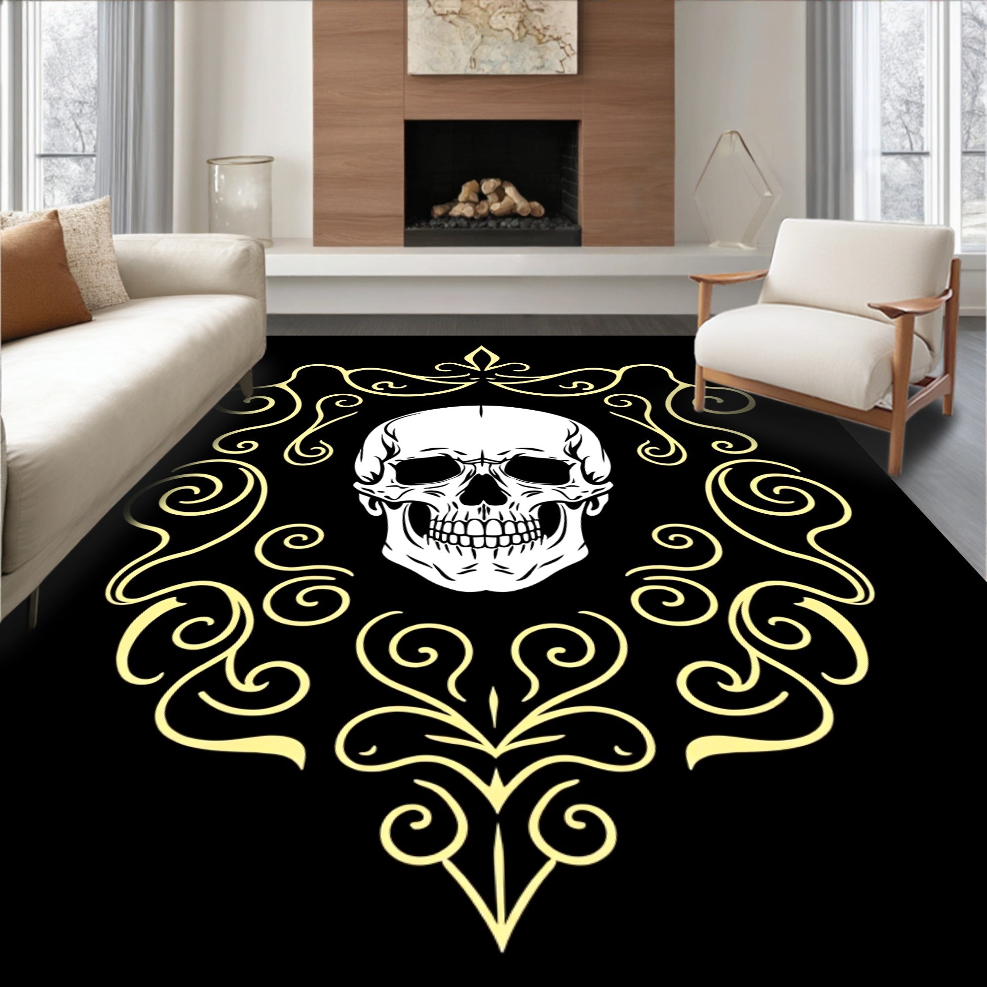White Skull Yellow Scroll Emblem Rug
