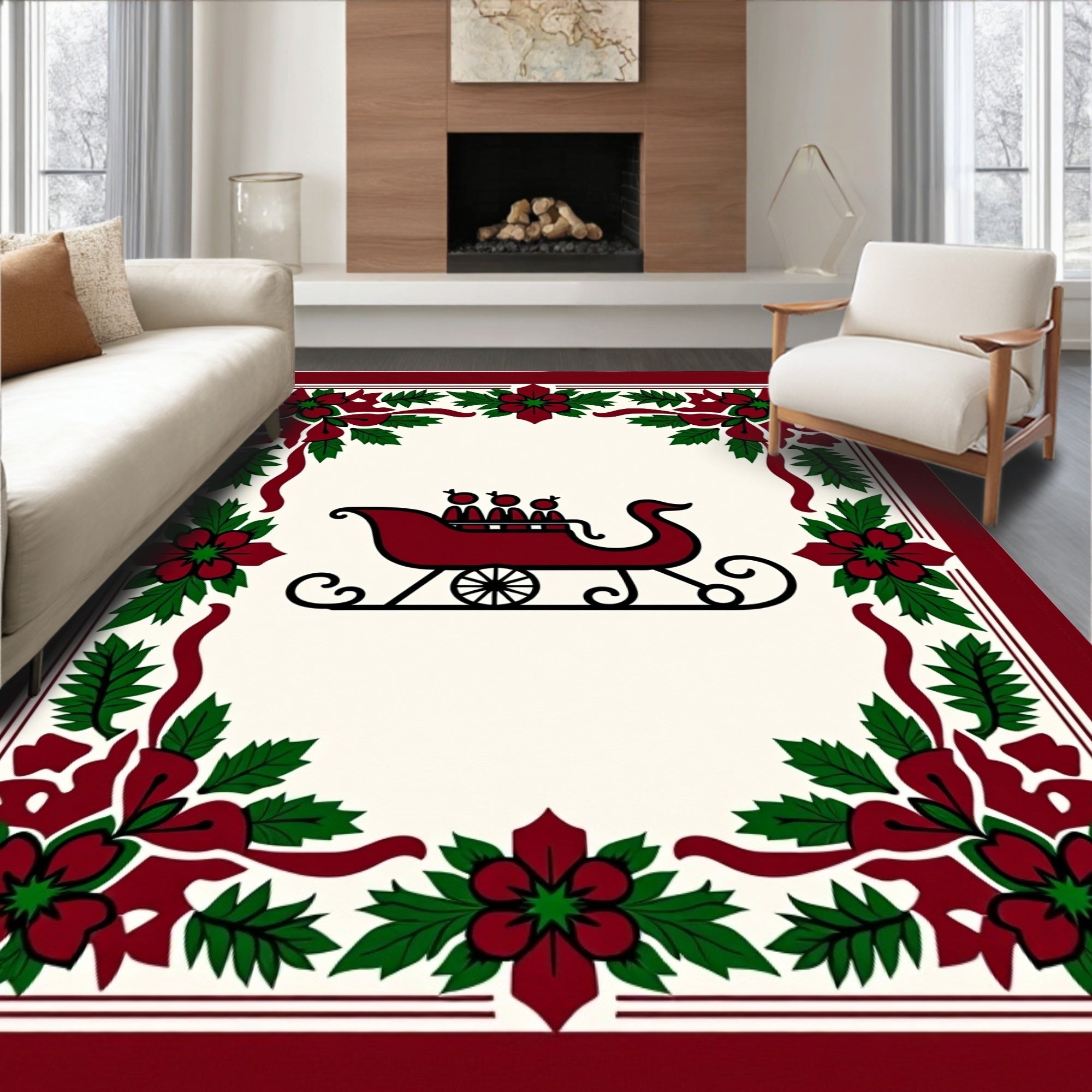 Festive Sleigh Holiday Floral Border Rug