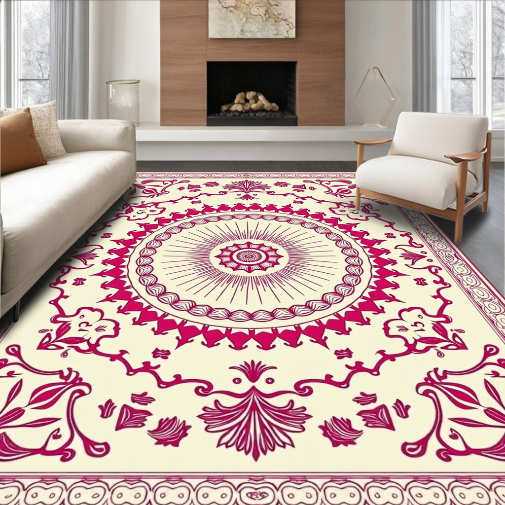 Crimson Floral Medallion Cream Rug