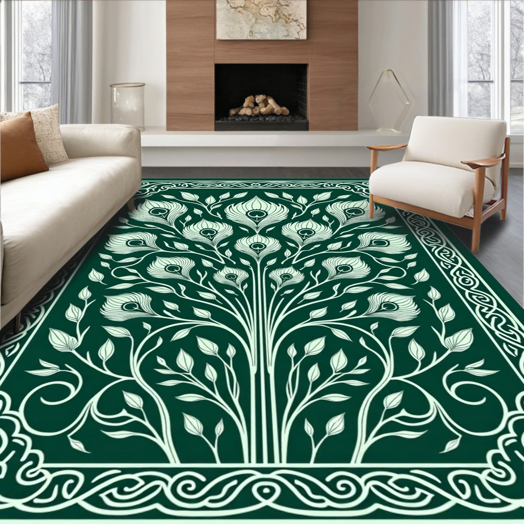 Emerald Peacock Feather Floral Arrangement Rug