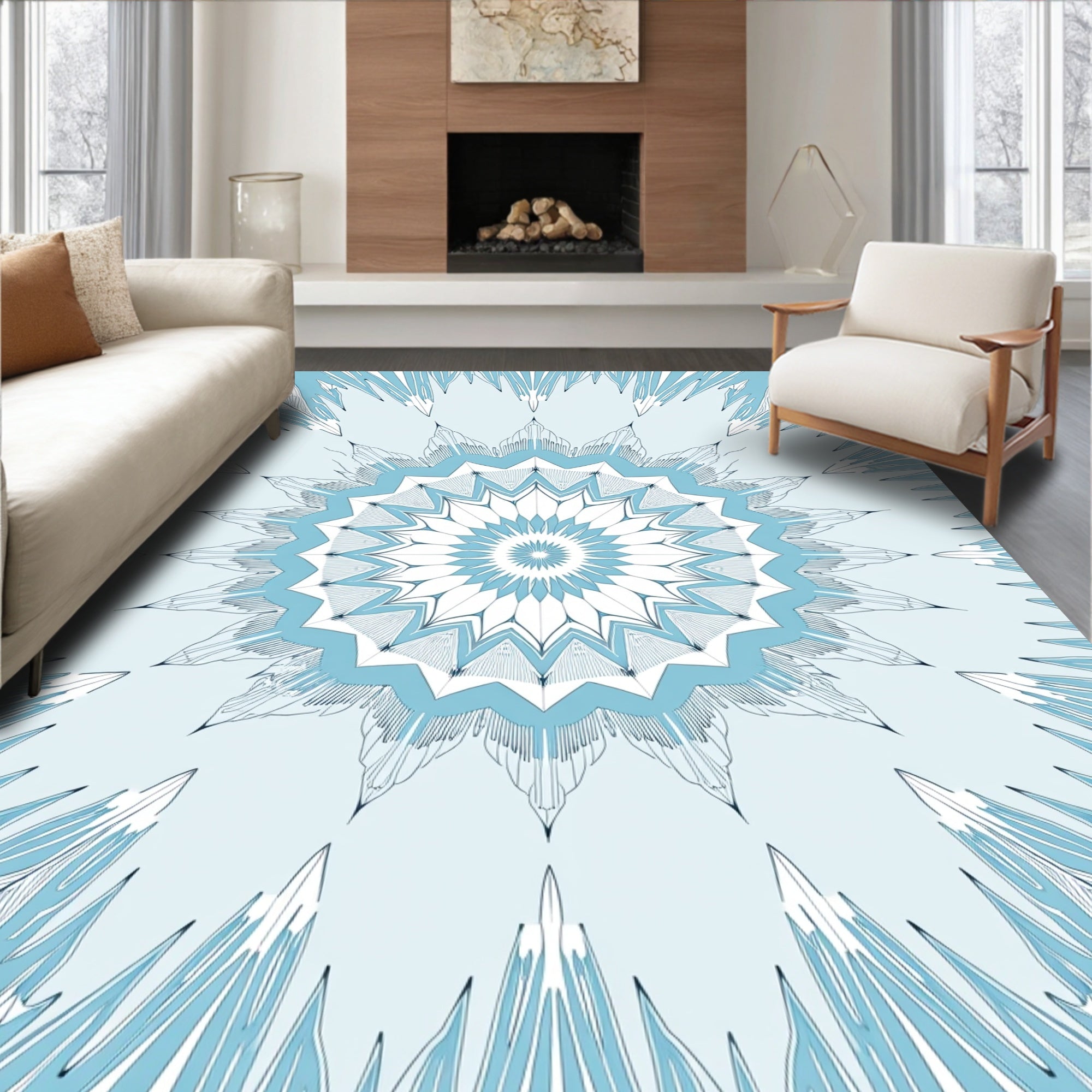 Frosty Blue Radial Crystal Mandala Rug