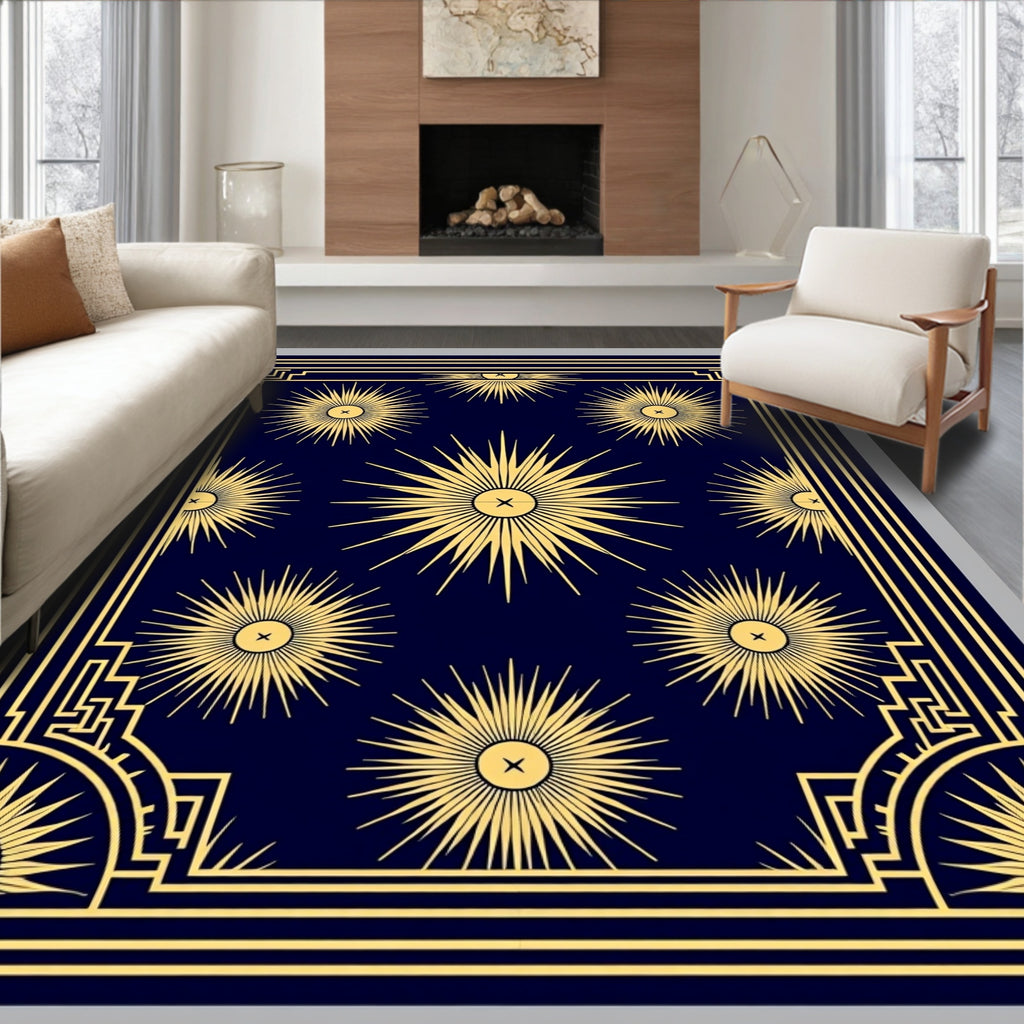 Radiant Sunburst Navy Gold Frame Rug