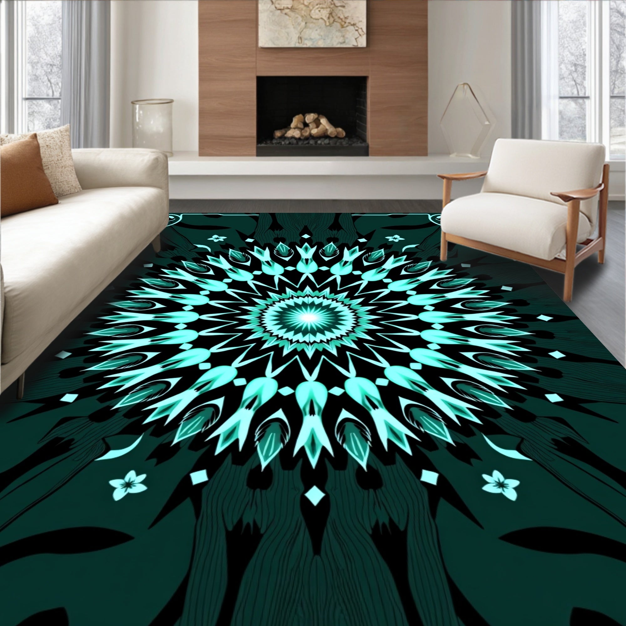Emerald Teal Radiant Starburst Mandala Rug
