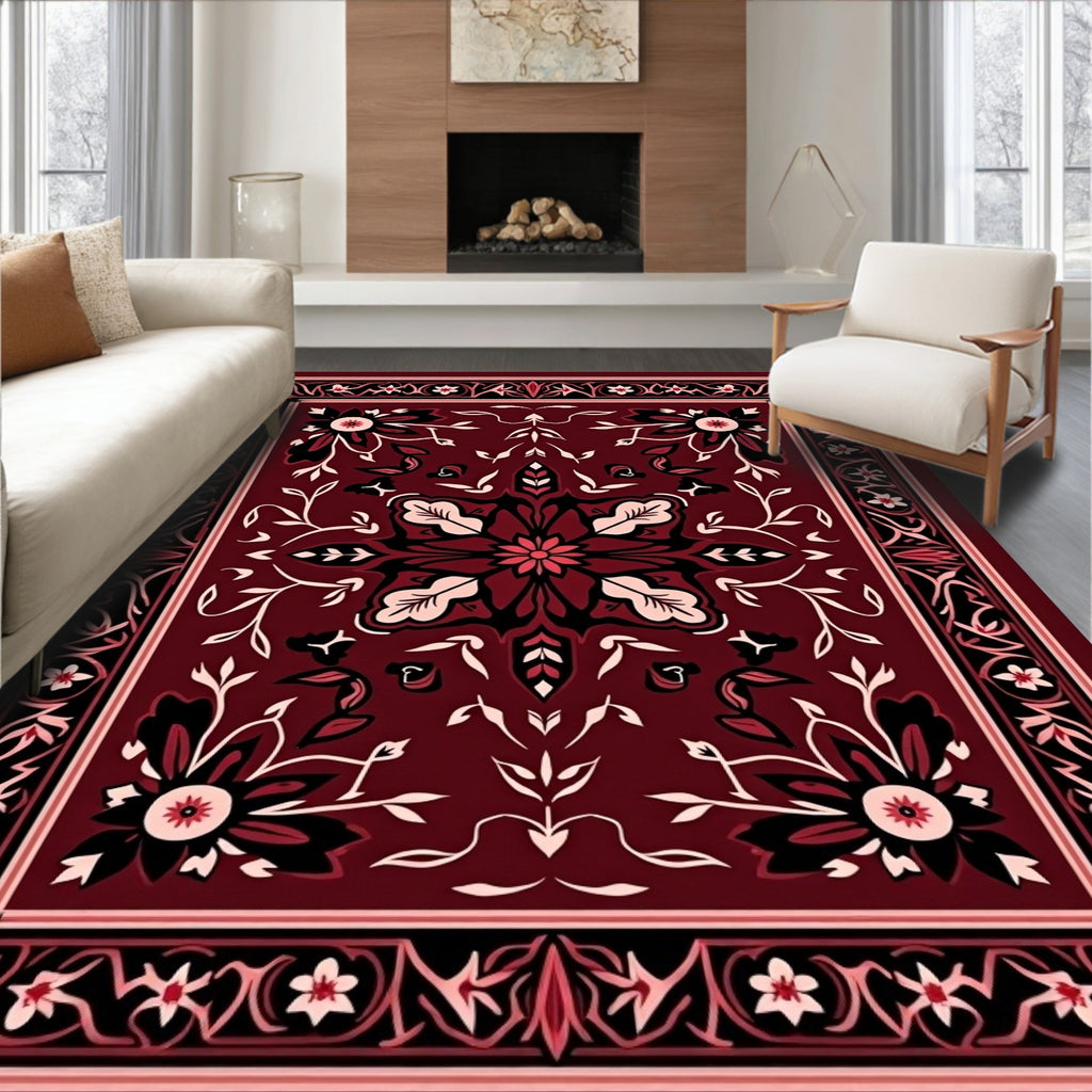 Ornate Scarlet Floral Vine Border Rug