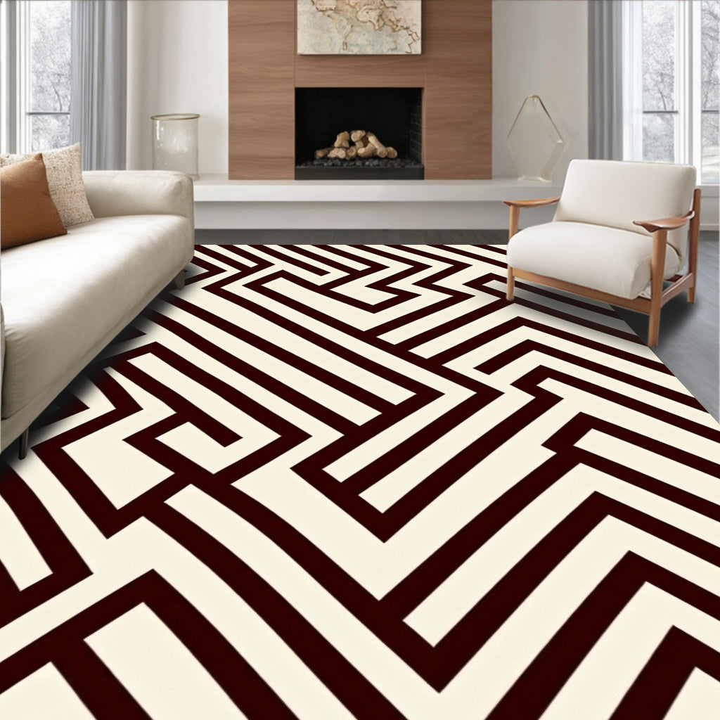 Cream and Dark Red Geometric Maze Rug