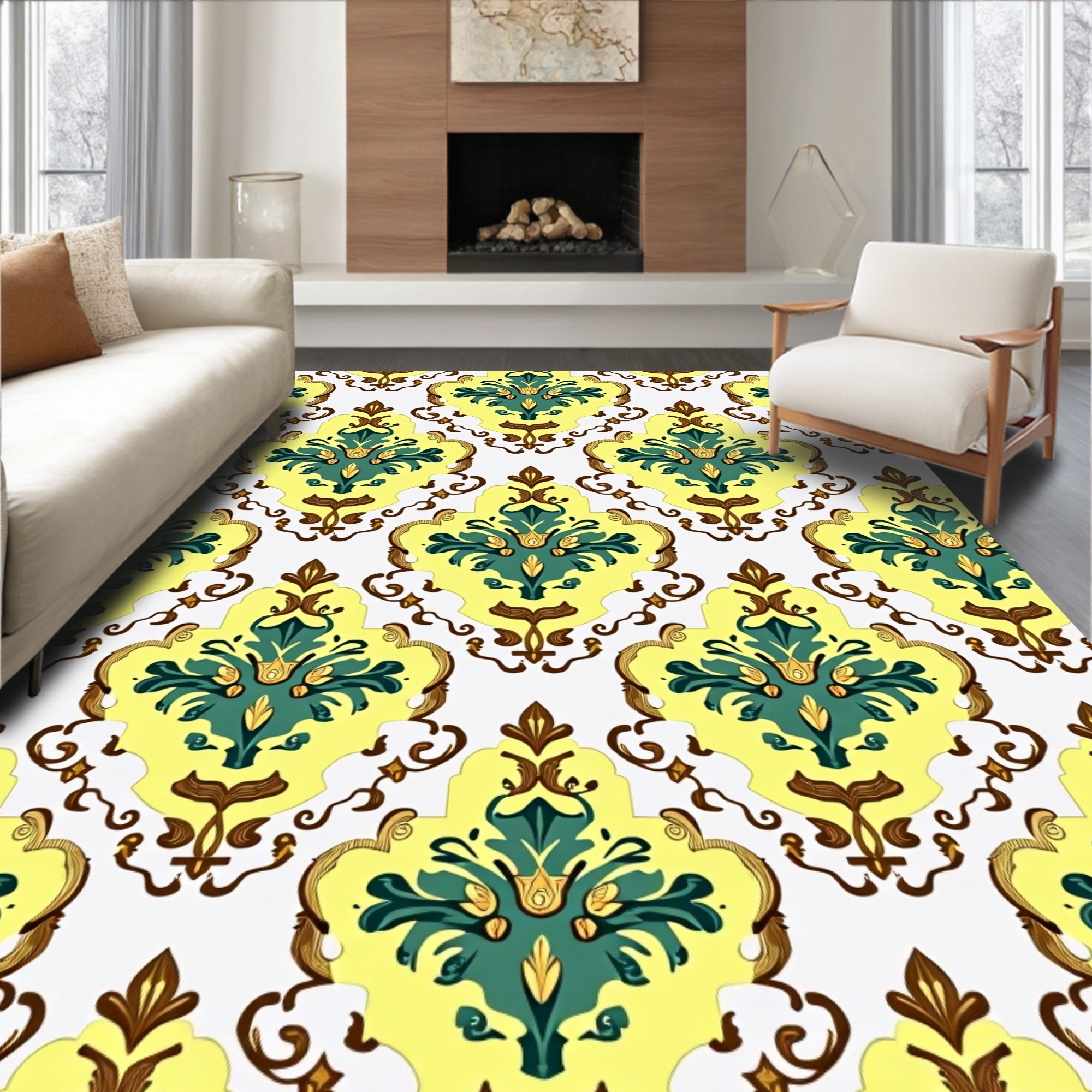 Golden Yellow Green Floral Scroll Rug