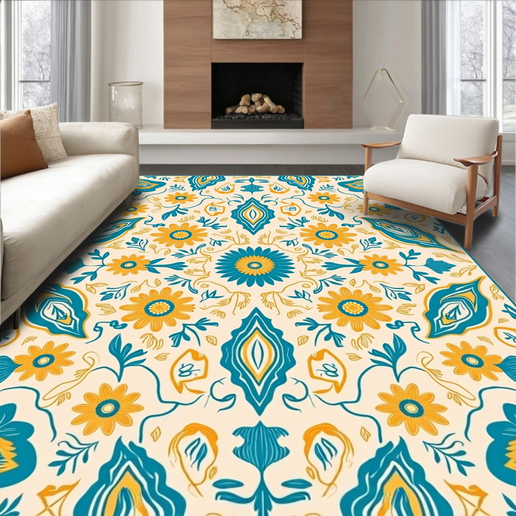 Teal Ochre Floral Mirror Medallion Rug