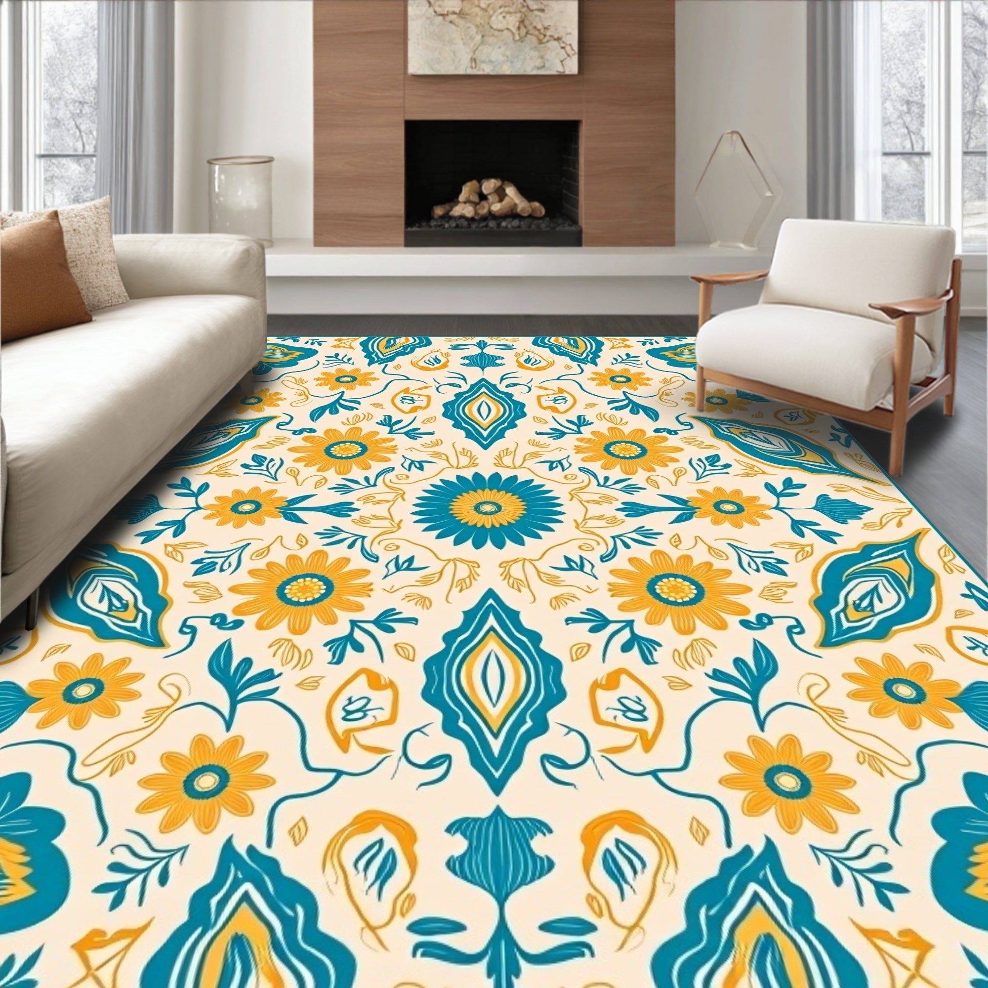 Teal Ochre Floral Mirror Medallion Rug