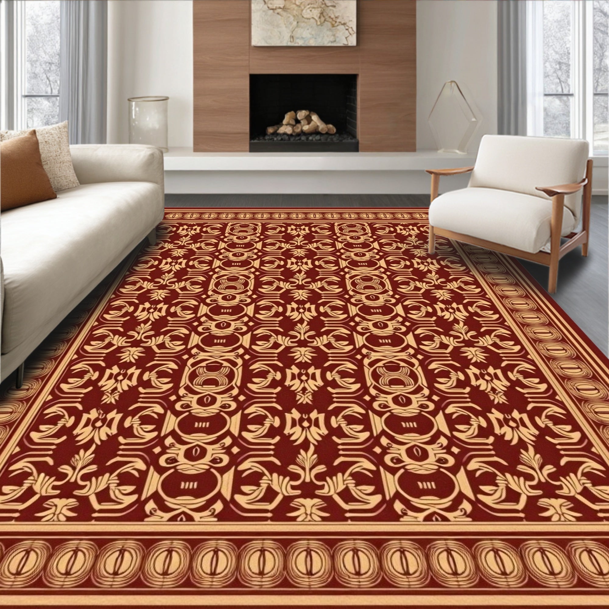 Rich Burgundy Golden Damask Border Rug