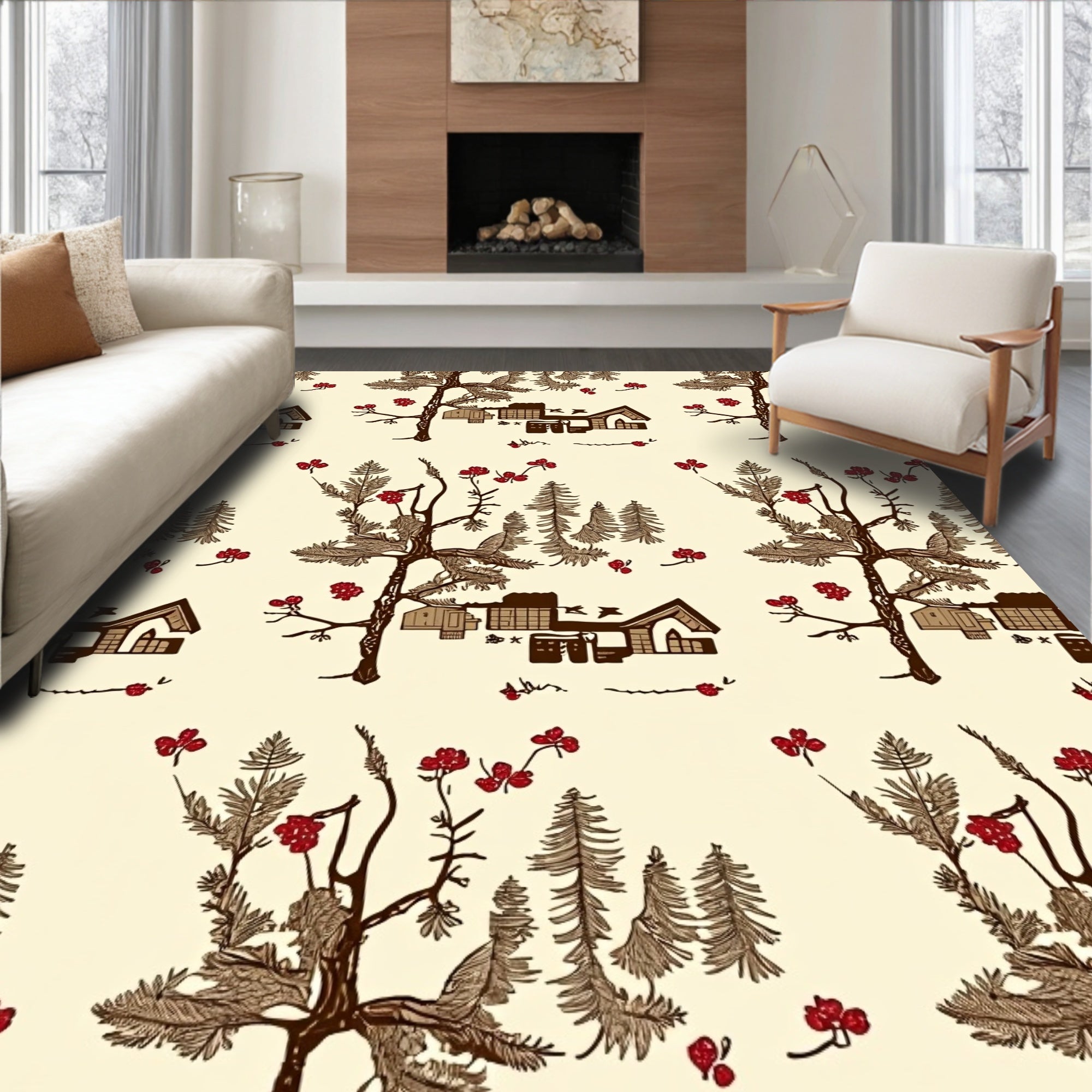 Woodland Village Red Berry Scene Rug