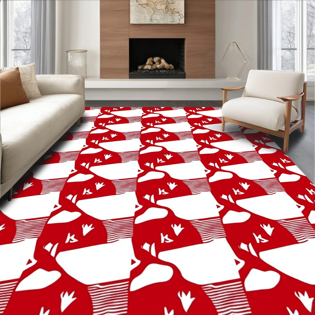 Red White Abstract Bird Silhouette Rug