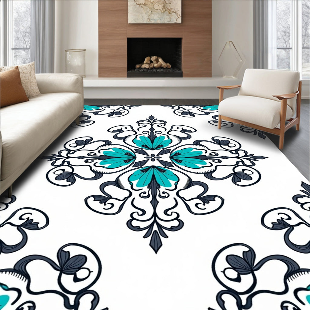 Teal Aqua Floral Damask Scrollwork Rug