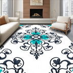 Teal Aqua Floral Damask Scrollwork Rug