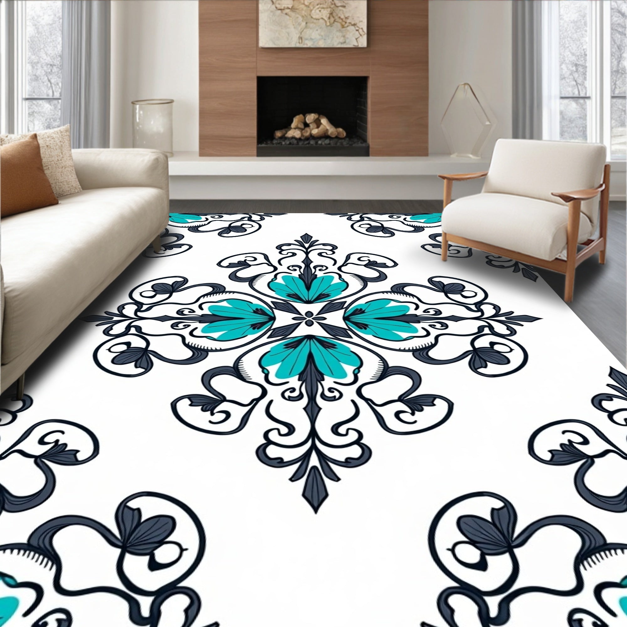Teal Aqua Floral Damask Scrollwork Rug