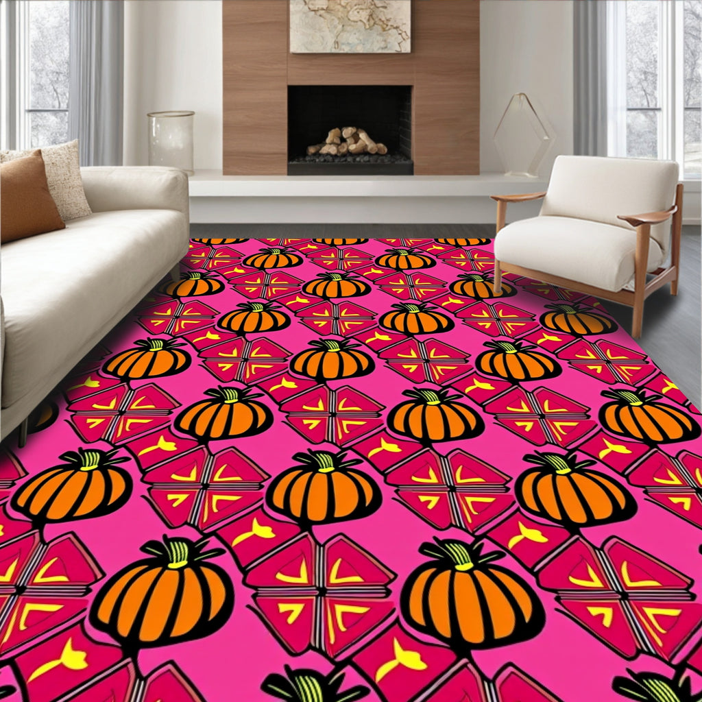 Autumn Orange Pumpkin Geometric Floral Rug