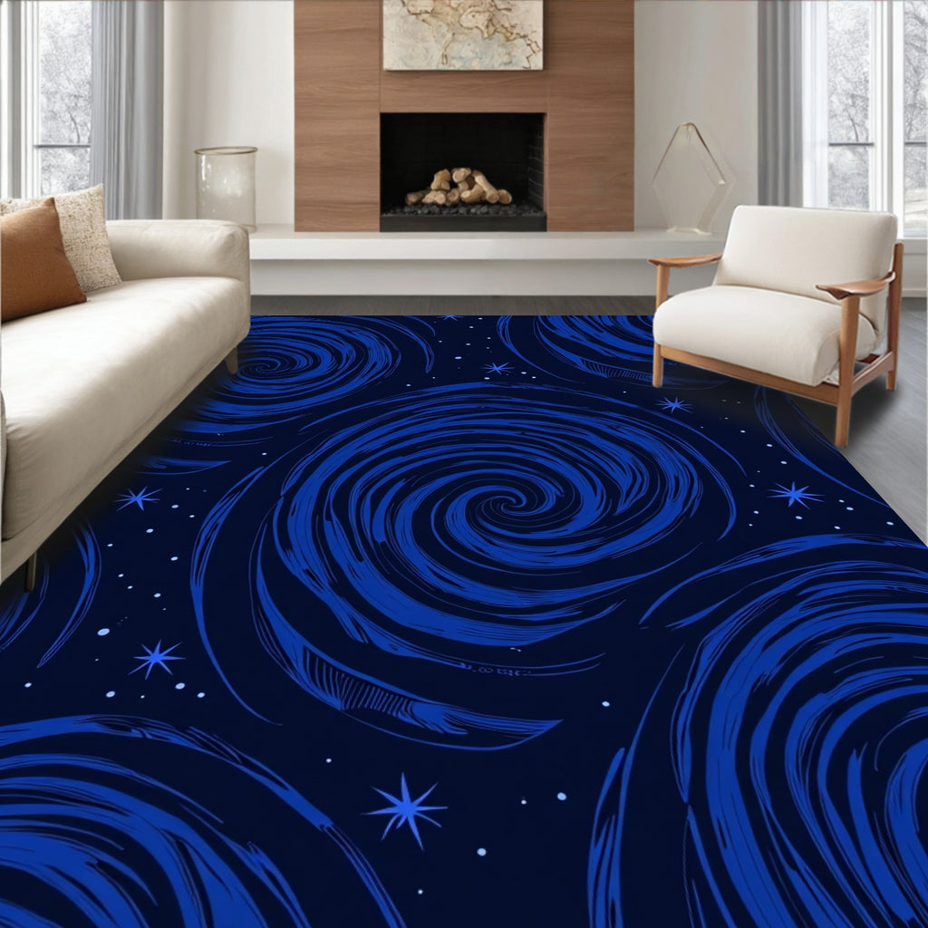 Deep Blue Swirling Galaxy Stars Rug
