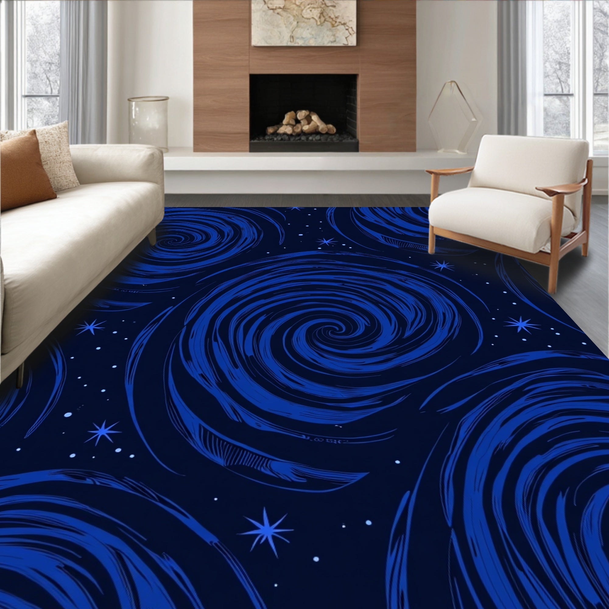 Deep Blue Swirling Galaxy Stars Rug