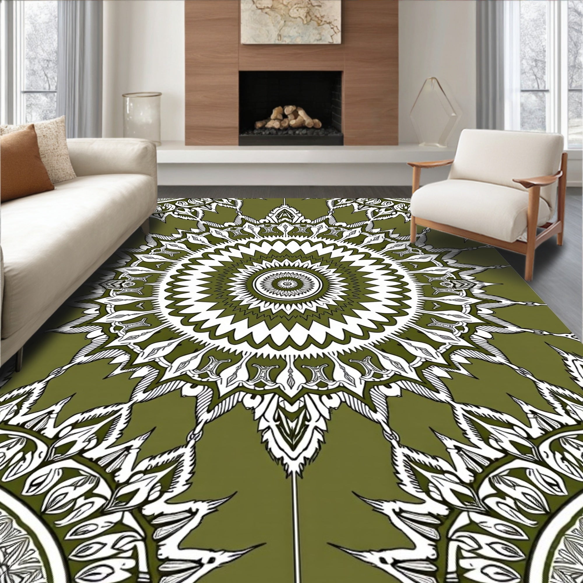 Olive Green Detailed Mandala Rug