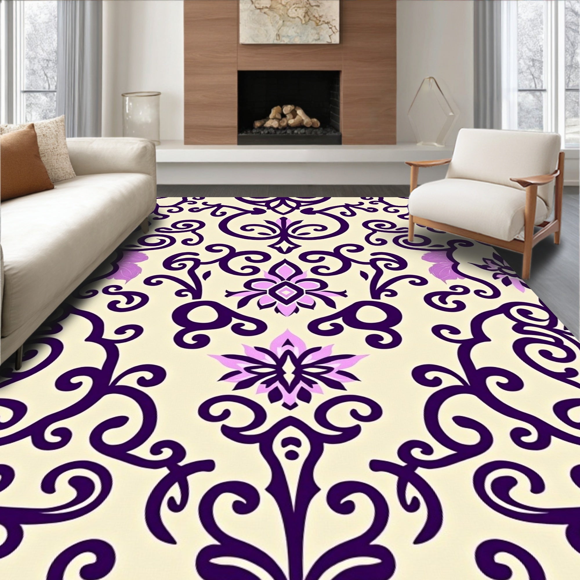 Ornate Purple Floral Scrollwork Rug