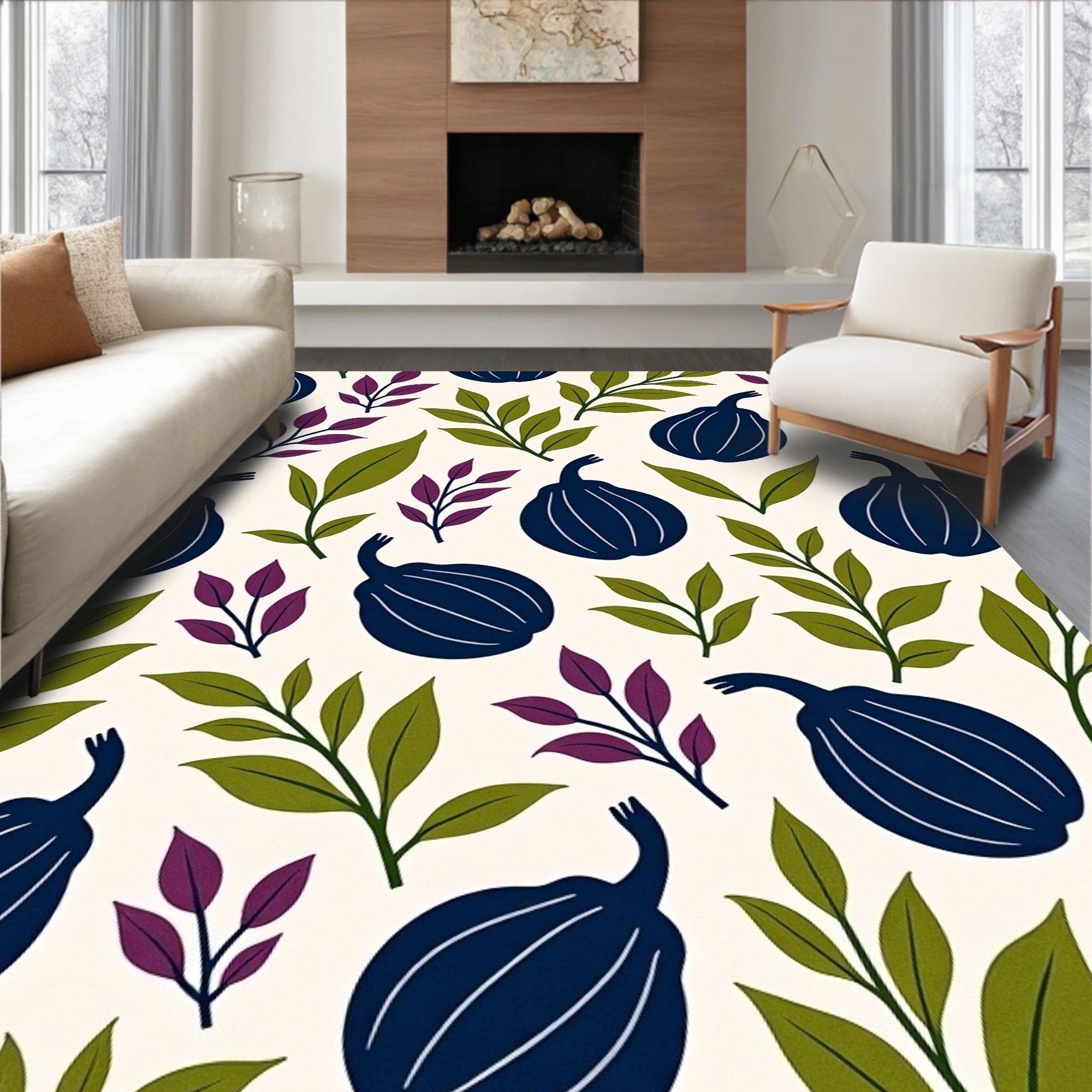 Deep Blue Fig Leaf Botanical Arrangement Rug