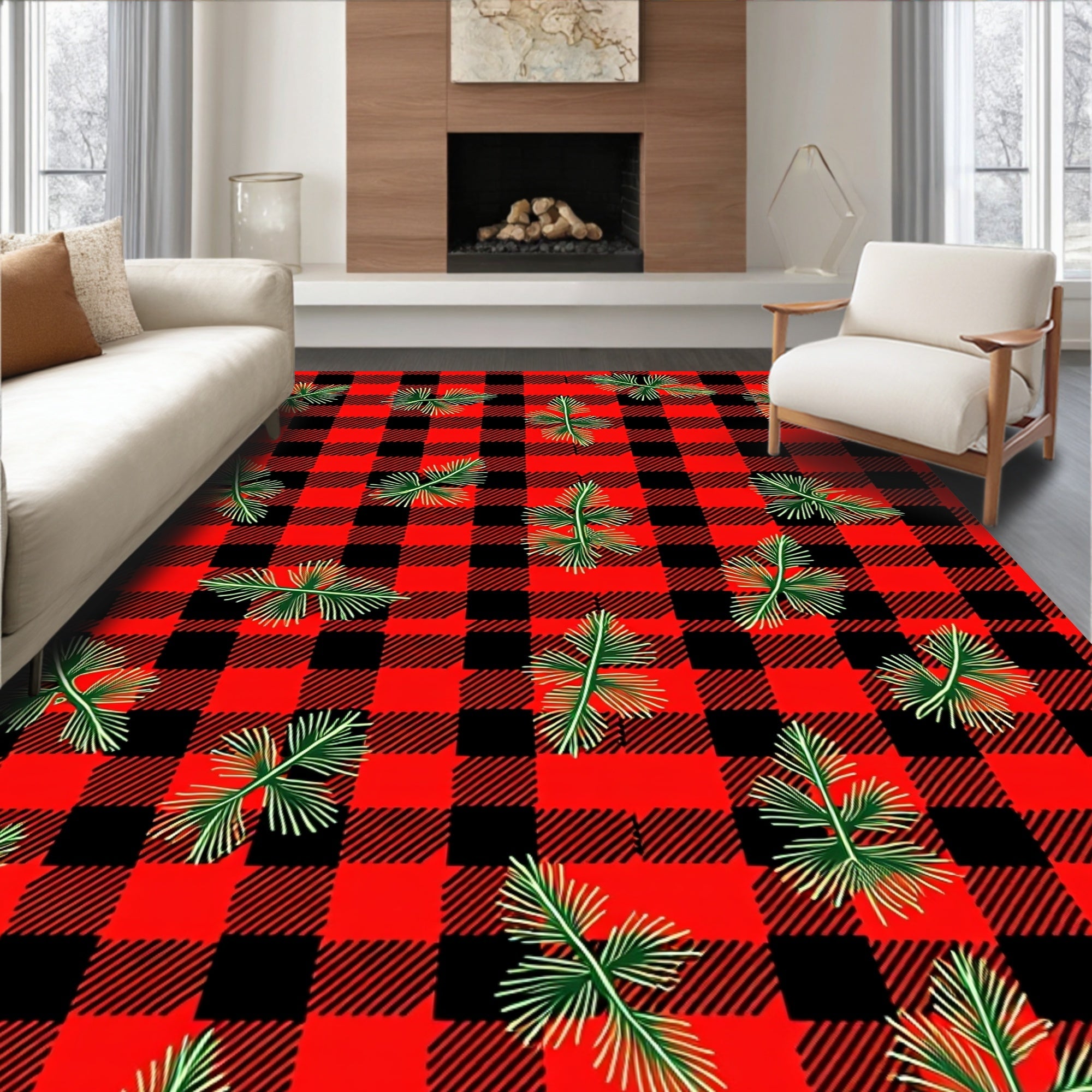 Red Black Buffalo Plaid Pine Sprigs Rug