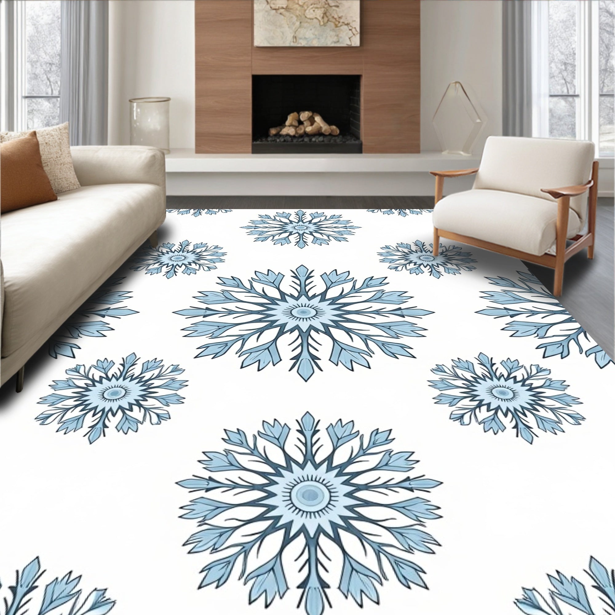 Winter Blue Snowflake Medallion Burst Rug