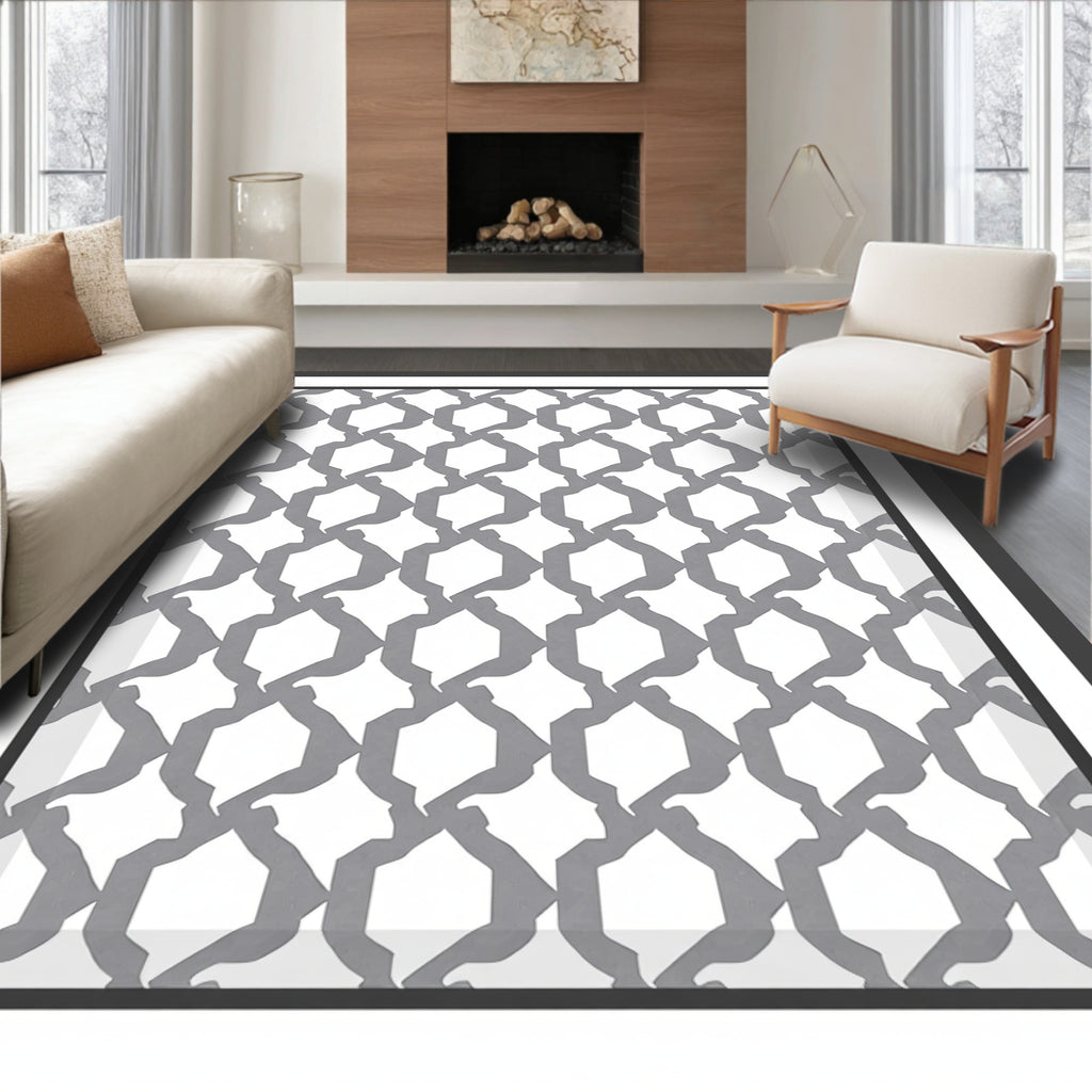 Geometric White Gray Lattice Rug