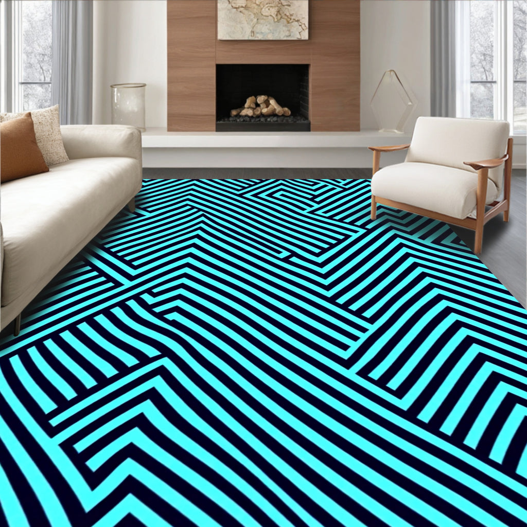 Cyan Blue Black Geometric Maze Rug
