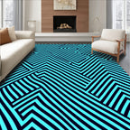 Cyan Blue Black Geometric Maze Rug