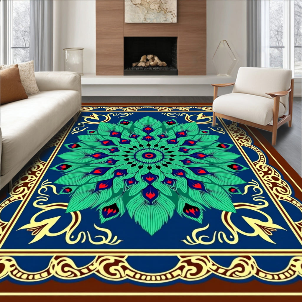 Emerald Peacock Feather Mandala Rug