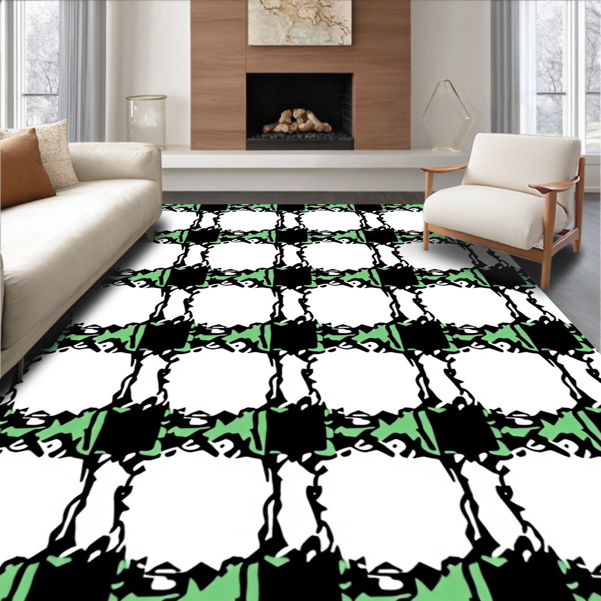 Rough Black Green White Plaid Squares Rug