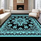 Aqua Black Floral Medallion Border Rug