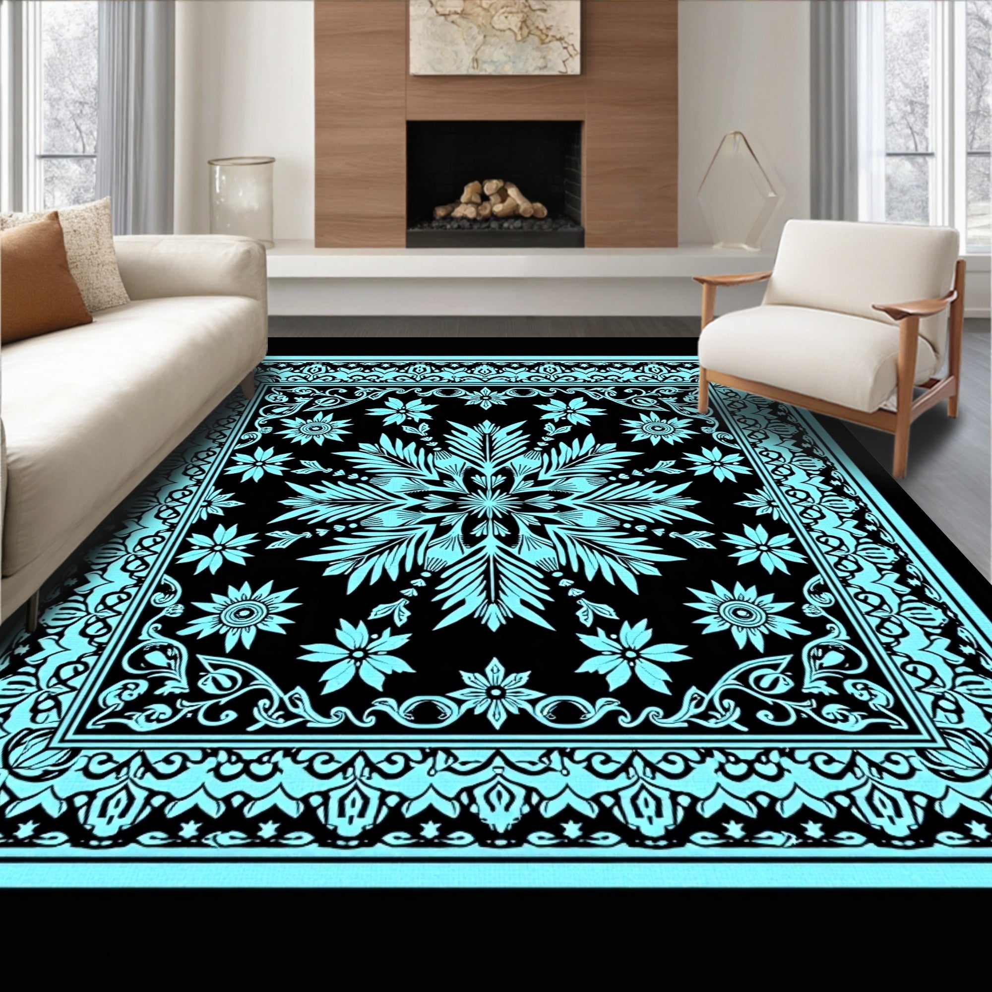 Aqua Black Floral Medallion Border Rug